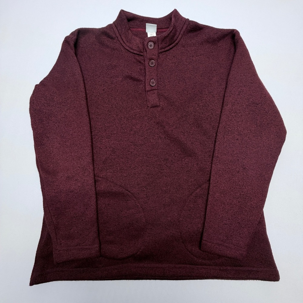 Haband Mens Fleece Henley Pullover Sweater Burgundy Maroon Mock Neck Size M